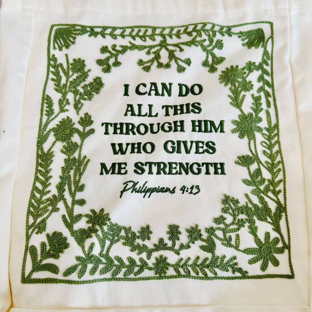 PAGE & PETAL P & P EMBROIDERED BIBLE PHILIPPIANS 4:13 CANVAS SHOPPER TOTE UNISEX - Picture 3 of 5